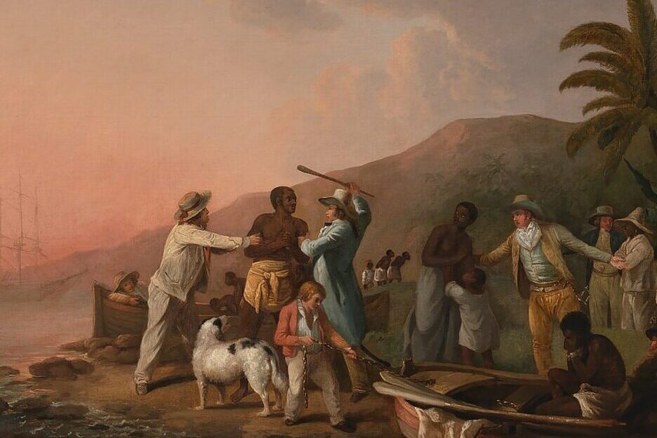 A white man strikes a black man on the shore as others look on. Click on "Lwa" or "Nwana" to navigate to the teaching questions related to these words. 