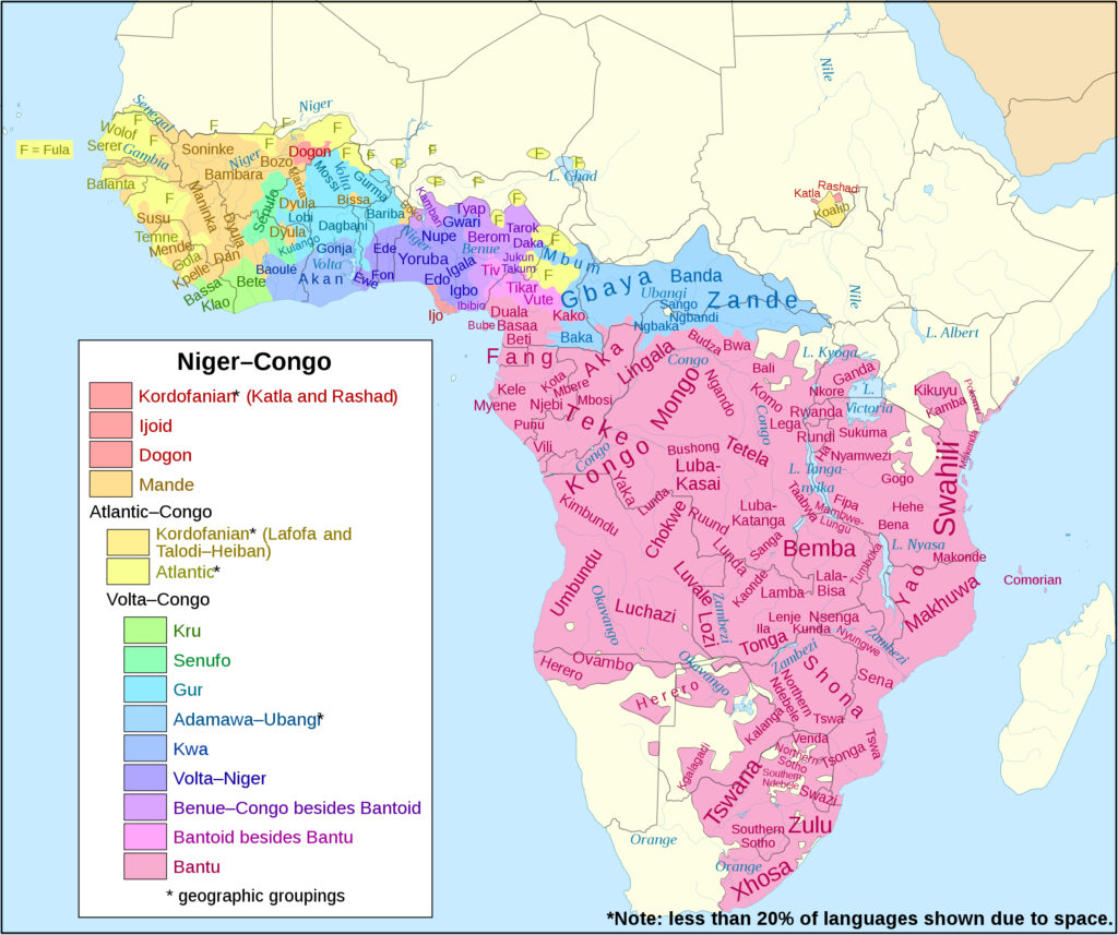 A map containing dozens of African language names from the Niger-Congo phylum.