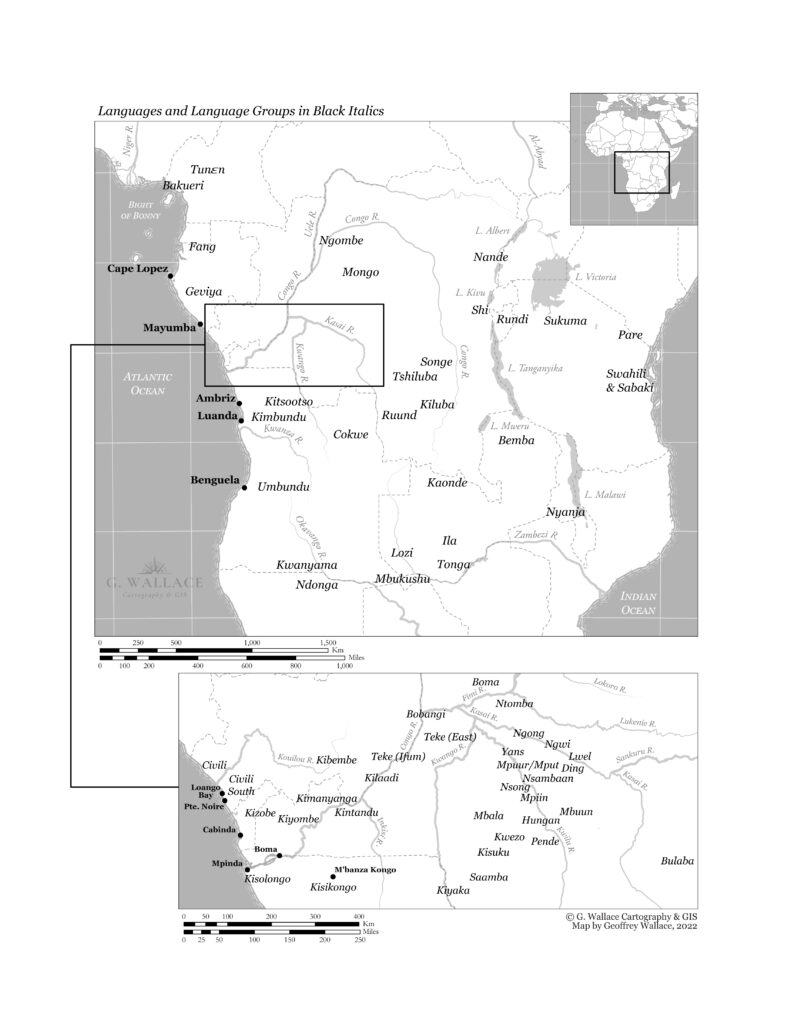 A linguistic map of Africa, with a zoom-in box for languages near the Congo, Kasai, and Kwango Rivers.